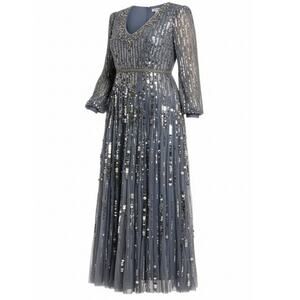 NEW MAC DUGGAL Dress Plus 24 Maxi Beaded Sequins Formal Wedding Gray Silver